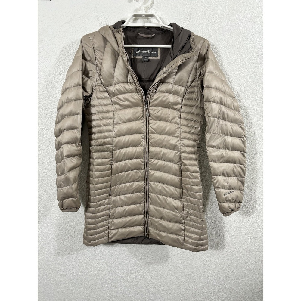Eddie Bauer Jacket Womens Small Beige Hooded Down Quilted Puffer Coat Long